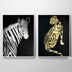 Diptych Art Zebra Painting Cheetah Painting Original Art Modern Wall Art Gold Painting Silver Art Africa painting Metal