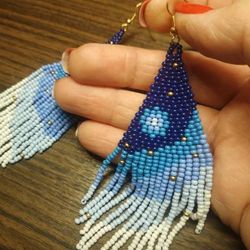 Long beaded earrings Boho earrings Long fringe earrings Long moon earrings with fringe Huichol earrings Blue earrings