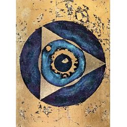 Geometric Abstract Painting Blue Gold Interior Artwork Eye Original Art