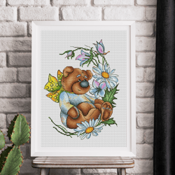 Bear cross stitch pattern PDF, Flowers cross stitch, Animal cross stitch, Summer cross stitch, Nursery cross stitch