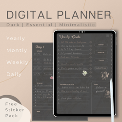 digital planner, dark daily planner 2023| daily, weekly & monthly planner| essential planner