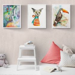 Colorful Animal Nursery set 3 Wall Art - digital file that you will download
