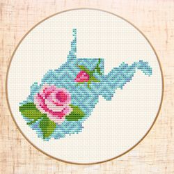 West Virginia cross stitch pattern Floral cross stitch Modern map cross stitch Flower State cross stitch Silhouette USA
