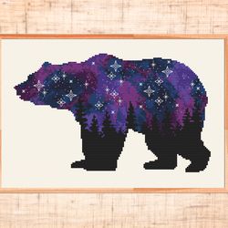 Woodland cross stitch pattern Space cross stitch Forest Bear cross stitch Galaxy Animal Night sky embroidery