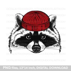 Raccoon in a red hat, sublimation design, art print