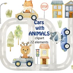 Watercolor animals clipart, transport, animals in the car.