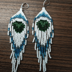 Peacock seed bead earrings Long blue peacock beaded earrings Bright beaded peacock fringe earrings for women