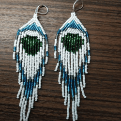 peacock seed bead earrings long blue peacock beaded earrings bright beaded peacock fringe earrings for women