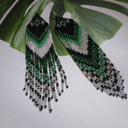 Super long green beaded earrings with fringe Green dangle earrings Extra long earrings handmade Fringed earrings