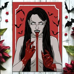 Gothic horror art print with Vampire girl. Gothic home decor. Dark art wall decor. Dark fantasy poster