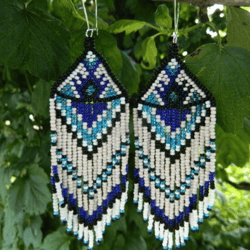 Large dangling earrings Statement earrings Geometric huichol beaded earrings Aztec earrings Tribal earrings Blue earring