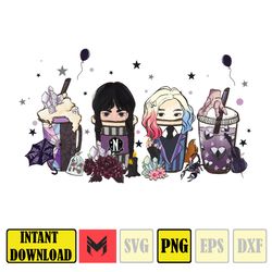 wedneday addams coffee bundle png, wedneday coffee lover png, nevermore academy png, addams family, hand drawn files (3)