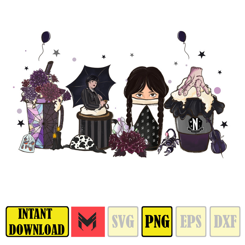 Wedneday Addams Coffee Bundle PNG, Wedneday Coffee Lover Png, Nevermore Academy Png, Addams Family, Hand Drawn Files (4).jpg