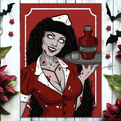 gothic horror art print with zombie girl. gothic home decor. dark art wall decor. spooky fantasy poster