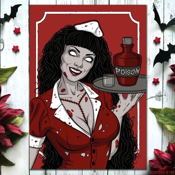 Gothic horror art print with Zombie girl by Anastasia in red