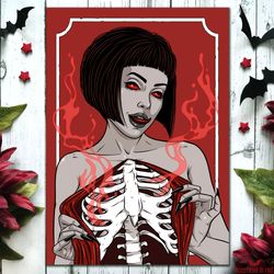 gothic horror art print with skeleton girl. spooky fantasy poster. gothic home decor. dark art wall decor.