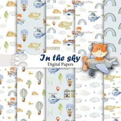 Watercolor Airplane, seamless patterns, woodland animals.