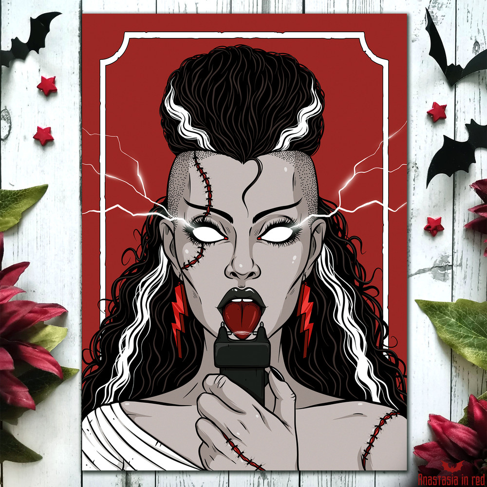 Gothic horror art print with Bride of Frankenstein by Anastasia in red