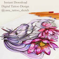 Unicorn Tattoo Sketch Color Unicorn Tattoo Design Unicorn Flowers Design for Woman, Instant download PNG and JPG files