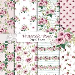 Watercolor pink roses, seamless patterns.
