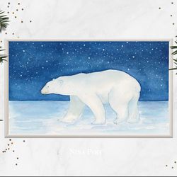 Polar bear painting Wall art Original watercolor painting Night sky Winter landscape