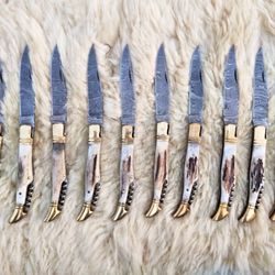 beautiful custom handmade damascus steel folding hunting knives lot of 10 knives