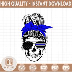Police wife Svg Png designs downloads, skull policewife png, girl with messy hair bun with Headband Sunglasses graphics