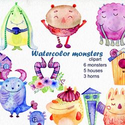 Watercolor monster, clipart png.