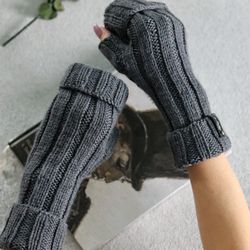 Fingerless mittens womens, Wool mittens womens, Winter gloves, Knitted arm warmers, Grey mitts