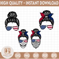 Messy Bun, USA Flag bandana and sunglasses, American Flag Skull svg, Messy bun skull svg, Mom life SVG, Momlife skull Sv