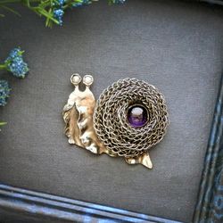 Snail brooch, amethyst jewelry, scarf brooch