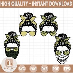 army mom skull svg, army wife skull svg, camo mom life skull svg, messy bun skull svg, mom life svg, skull with sunglass