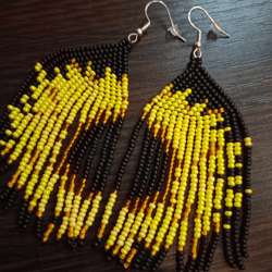 Ukrainian beaded earrings with a sunflower Dangling beaded fringe sunflower earrings for women Dangling beaded sunflower