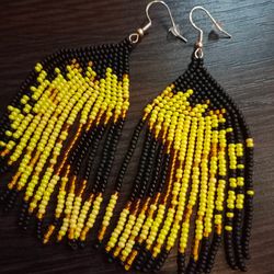 ukrainian beaded earrings with a sunflower dangling beaded fringe sunflower earrings for women dangling beaded sunflower