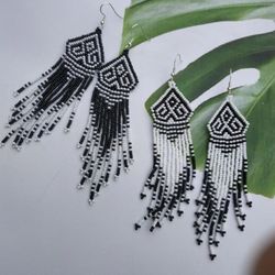 Black and white long beaded fringe earrings Spectacular beaded earrings boho earrings for women