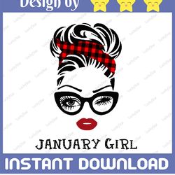 january girl svg, woman with glasses svg printable, girl with buffalo plaid bandana design