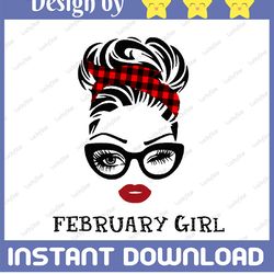 february girl svg, woman with glasses svg printable, girl with buffalo plaid bandana design, blink eyes png
