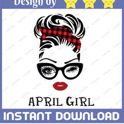 April Girl SVG, Woman With Glasses Svg Printable, Girl With Buffalo Plaid Bandana Design, Blink Eyes Png, April Svg, Png
