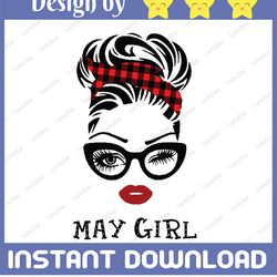 may girl svg, woman with glasses svg printable, girl with buffalo plaid bandana design, blink eyes png, may svg