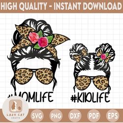 leopard print mom life kid life bundle bun hair sunglasses headband mom life png sublimation design downloads
