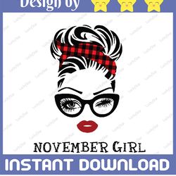november girl svg, woman with glasses svg printable, girl with buffalo plaid bandana design, blink eyes png