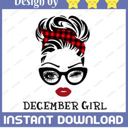 december girl svg, woman with glasses svg printable, girl with buffalo plaid bandana design, blink eyes png