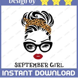 september girl svg, woman with glasses svg, girl with leopard plaid bandana design, september svg, png sublimation