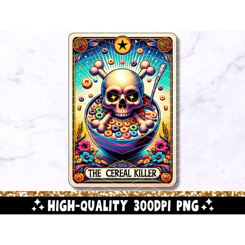 Cereal Killer Funny Tarot Card PNG, Sarcastic Skeleton Sublimation Design, Witchy Skull True Crime Lover Trendy TShirt Mug PNG File Download 1.jpg
