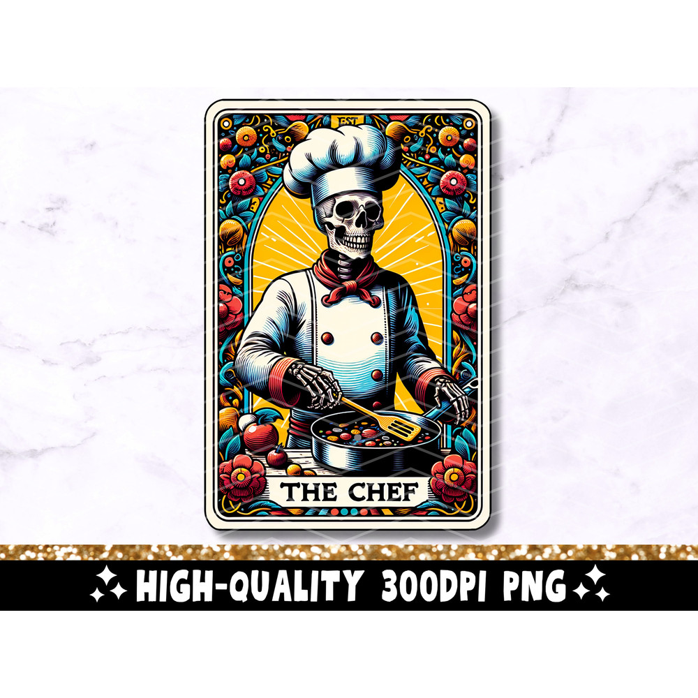 The Chef Tarot Card PNG, Skeleton Cook Sublimation Design, Cool Dad Skull Cooking GothicChef Tarot T-Shirt Mug PNG File, Digital Download.jpg