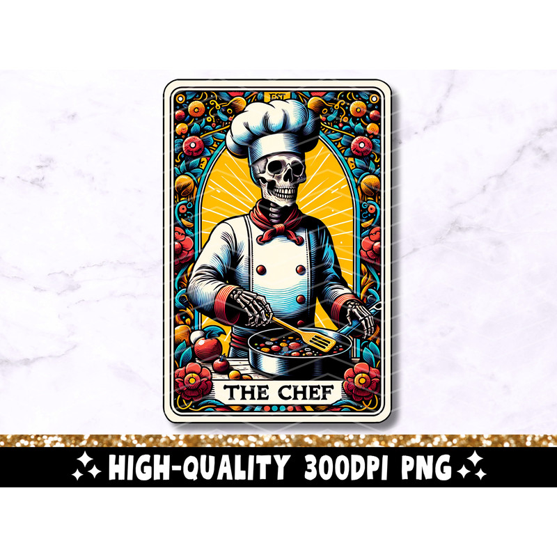The Chef Tarot Card PNG, Skeleton Cook Sublimation Design, Cool Dad Skull Cooking GothicChef Tarot T-Shirt Mug PNG File, Digital Download.jpg