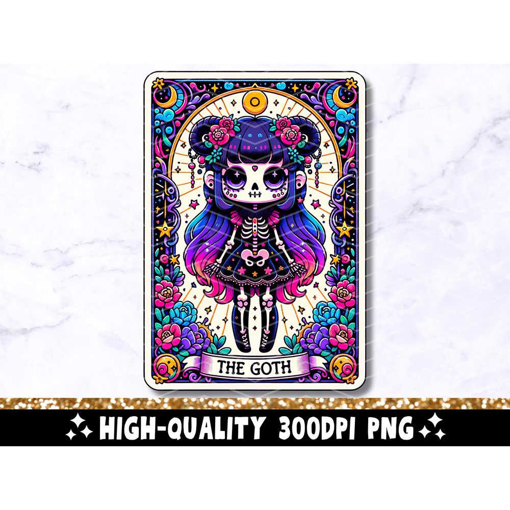 The Goth Tarot Card PNG, Goth Girl Skeleton Sublimation Design, Colorful Gothic Witchy Skull T-Shirt Mug PNG File, Instant Digital Download.jpg