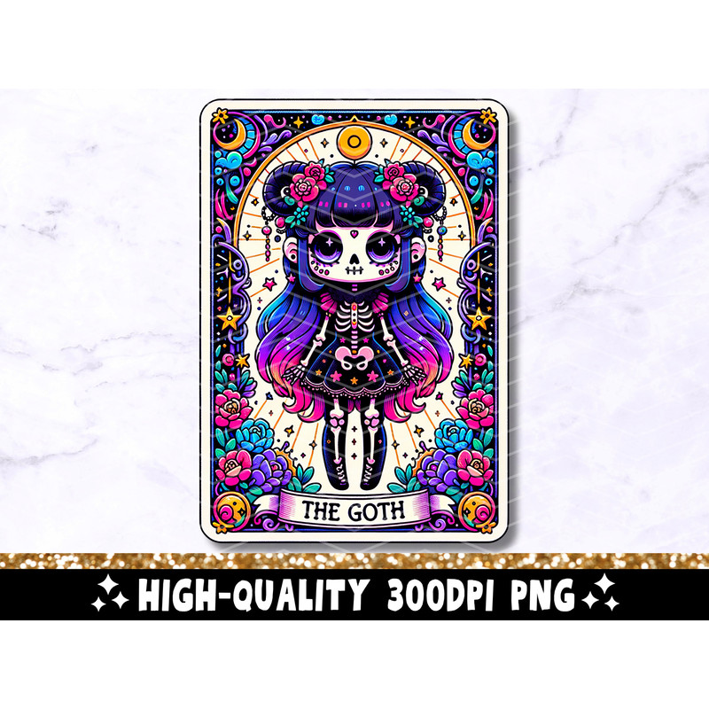The Goth Tarot Card PNG, Goth Girl Skeleton Sublimation Design, Colorful Gothic Witchy Skull T-Shirt Mug PNG File, Instant Digital Download.jpg