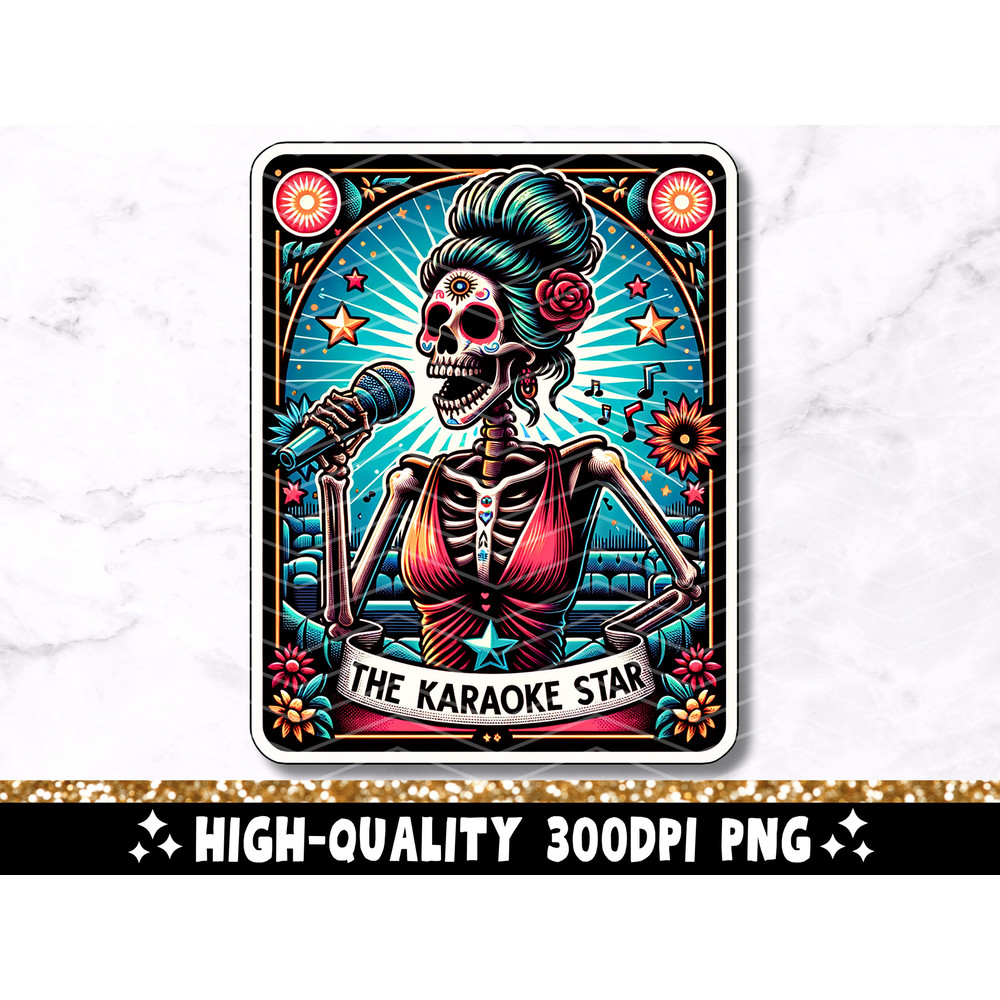 The Karaoke Star Tarot Card PNG, Singing Skeleton Sublimation Design, Funny Singer Skull Woman Tarot T-Shirt Mug PNG File, Digital Download.jpg