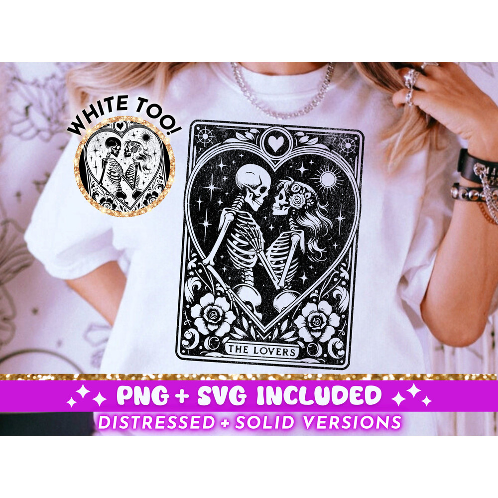 The Lovers Tarot Card SVG PNG, Skeleton Love Sublimation Design, Celestial Witchy Lovers Skull Tarot TShirt png SVG Cut File Download.jpg